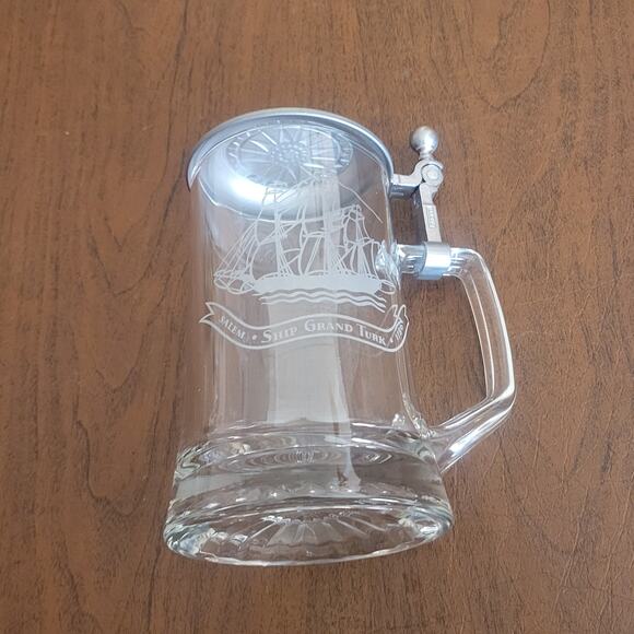 Glass Beer Stein Salem Ship Grand Turk 1786 ALWE W Germany Tankard Pewter Lid - Picture 7 of 14